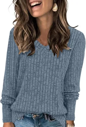 DouBCQ Womens Long Sleeve Shirts Casual V Neck Tunic Tops Fashion Loose Fall Sweaters