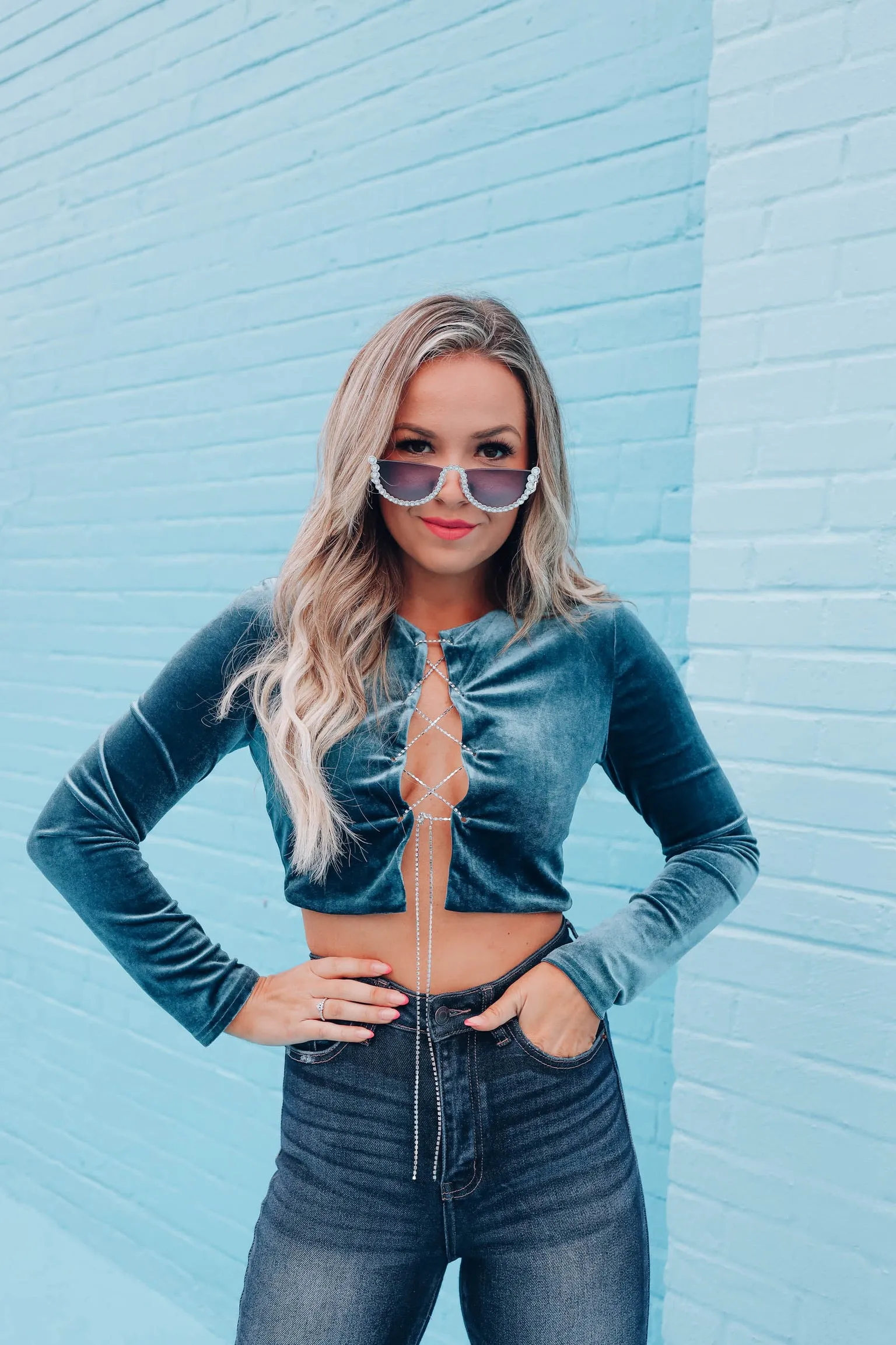 Dripping Diamonds Velvet Crop Top - Teal