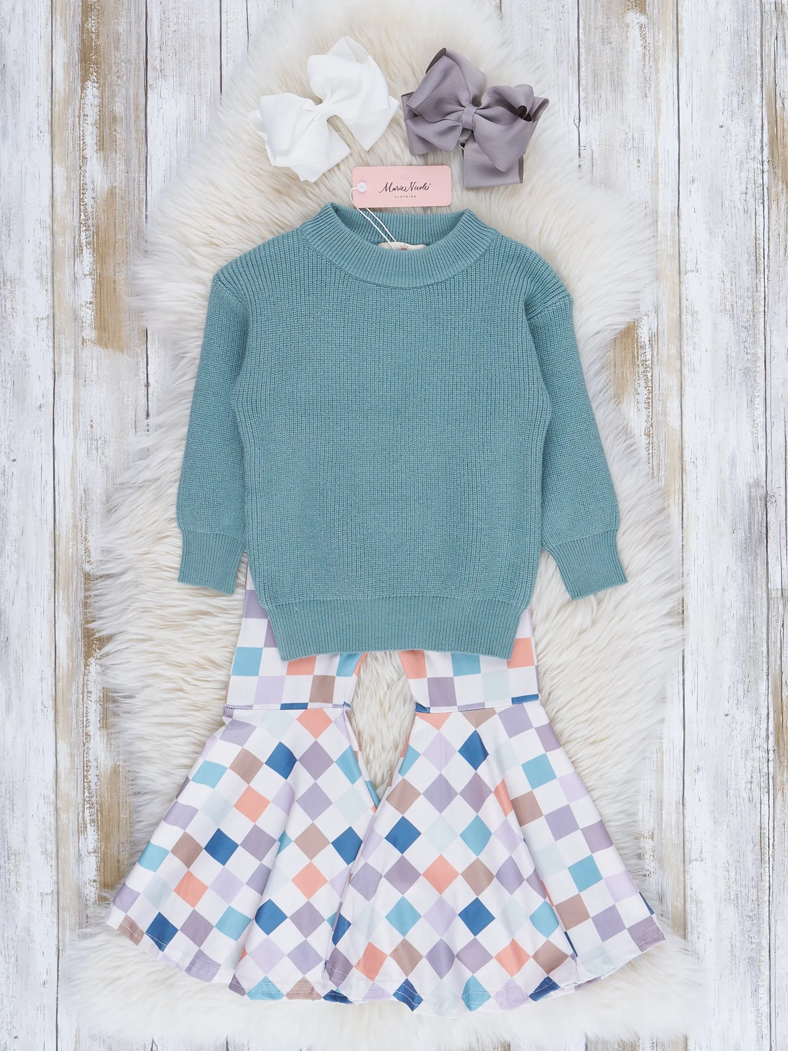 Dusty Teal & Orange Cream Checkers Bell Bottom Outfit