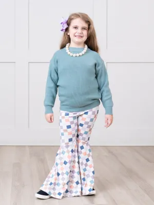 Dusty Teal & Orange Cream Checkers Bell Bottom Outfit