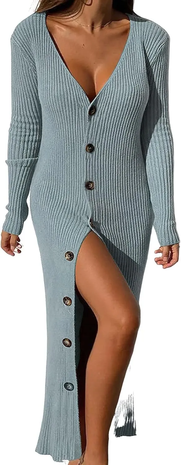 ebossy Women's Ribbed Slim Long Knit Cardigan Sweater Sexy V Neck Button Down Crochet Maxi Dress Trench Coat
