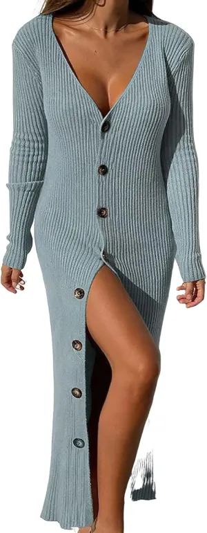 ebossy Women's Ribbed Slim Long Knit Cardigan Sweater Sexy V Neck Button Down Crochet Maxi Dress Trench Coat