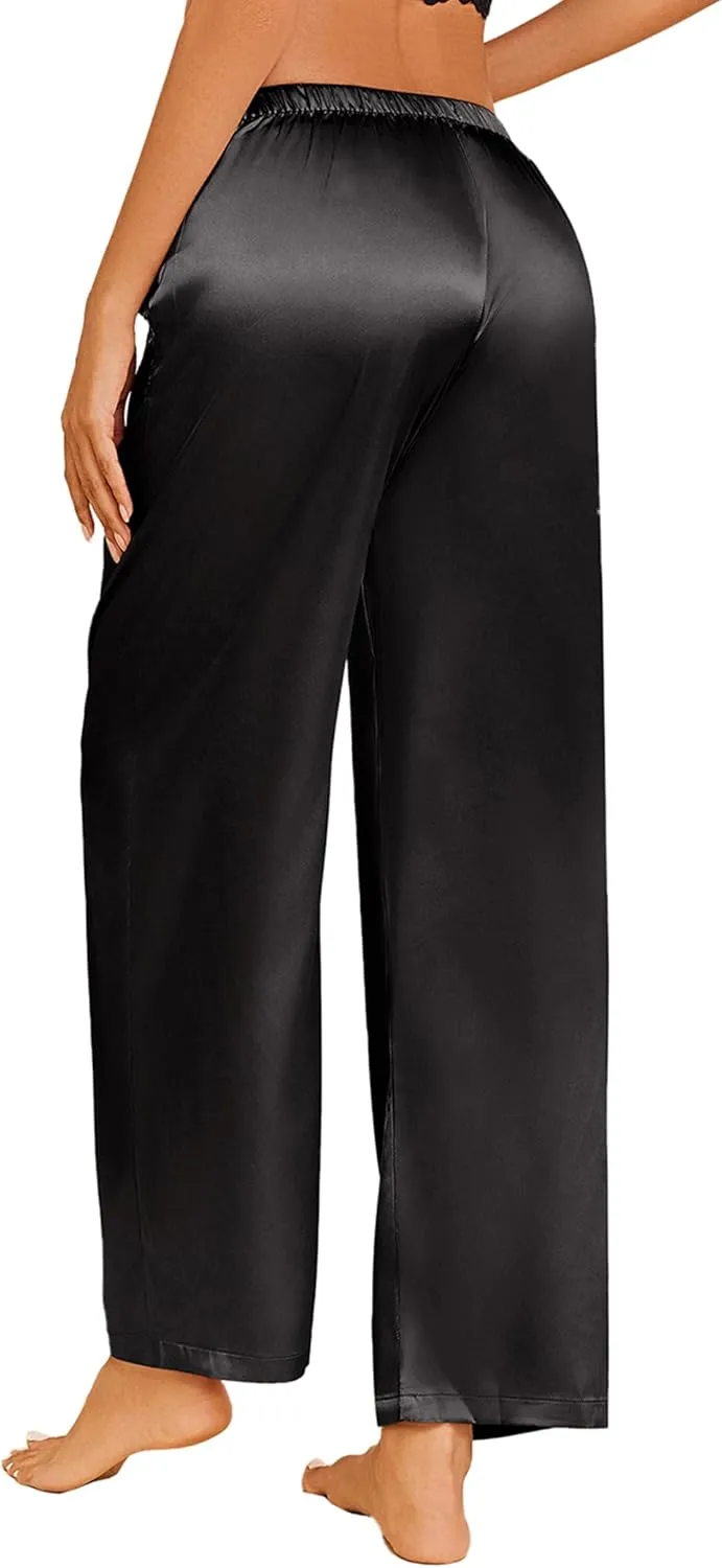 Ekouaer Womens Silk Satin Pajama Pants Casual Loose Lounge Pants Drawstring Elastic Waist Wide Leg Pj Bottoms with Pockets
