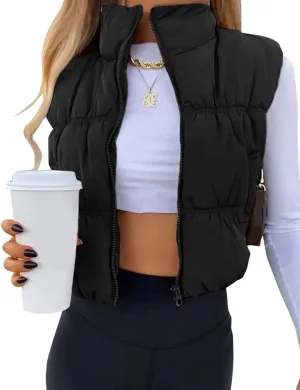 EsheSy Women's Cropped Puffer Vest Stand Collar Full Zip Sleeveless Warm Padded Jacket