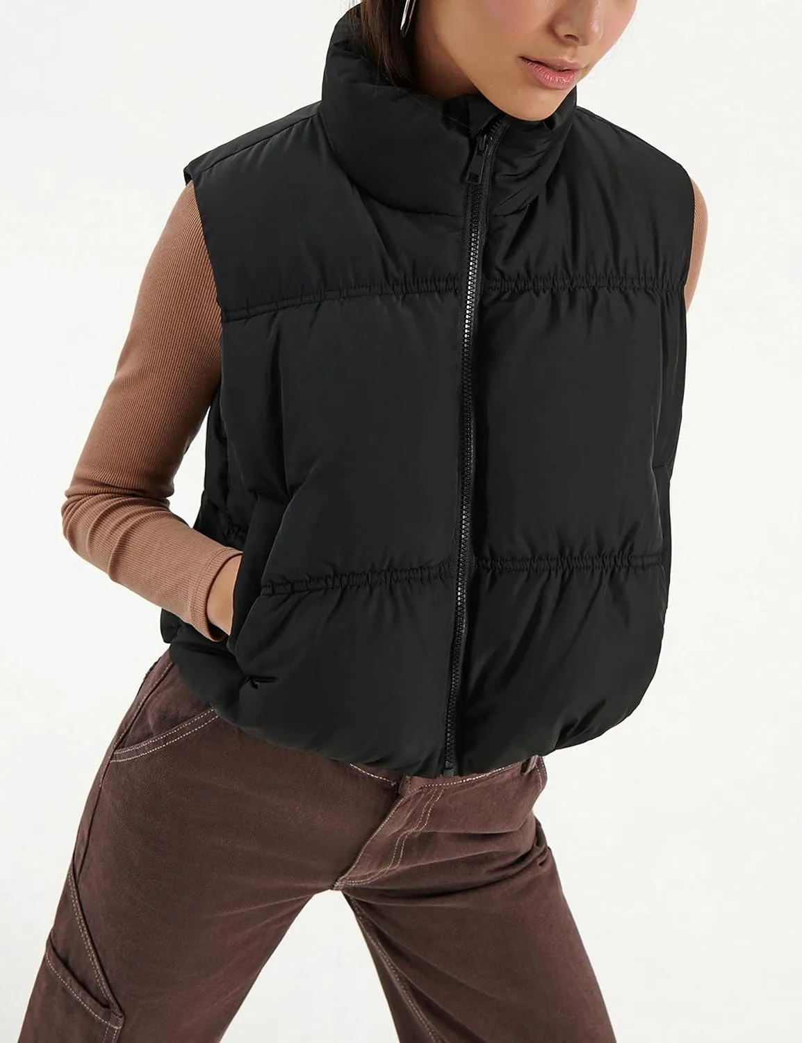 EsheSy Women's Cropped Puffer Vest Stand Collar Full Zip Sleeveless Warm Padded Jacket