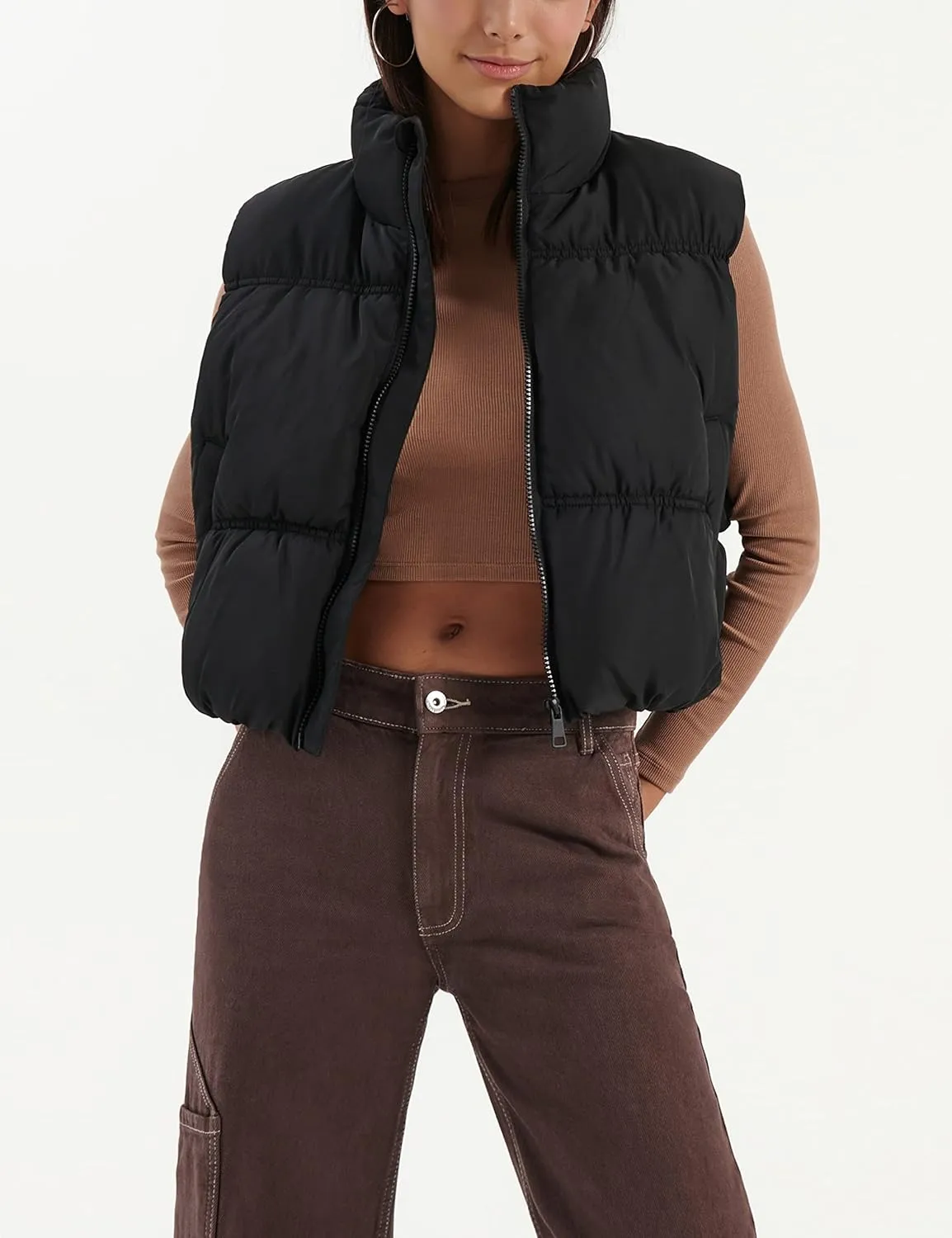 EsheSy Women's Cropped Puffer Vest Stand Collar Full Zip Sleeveless Warm Padded Jacket