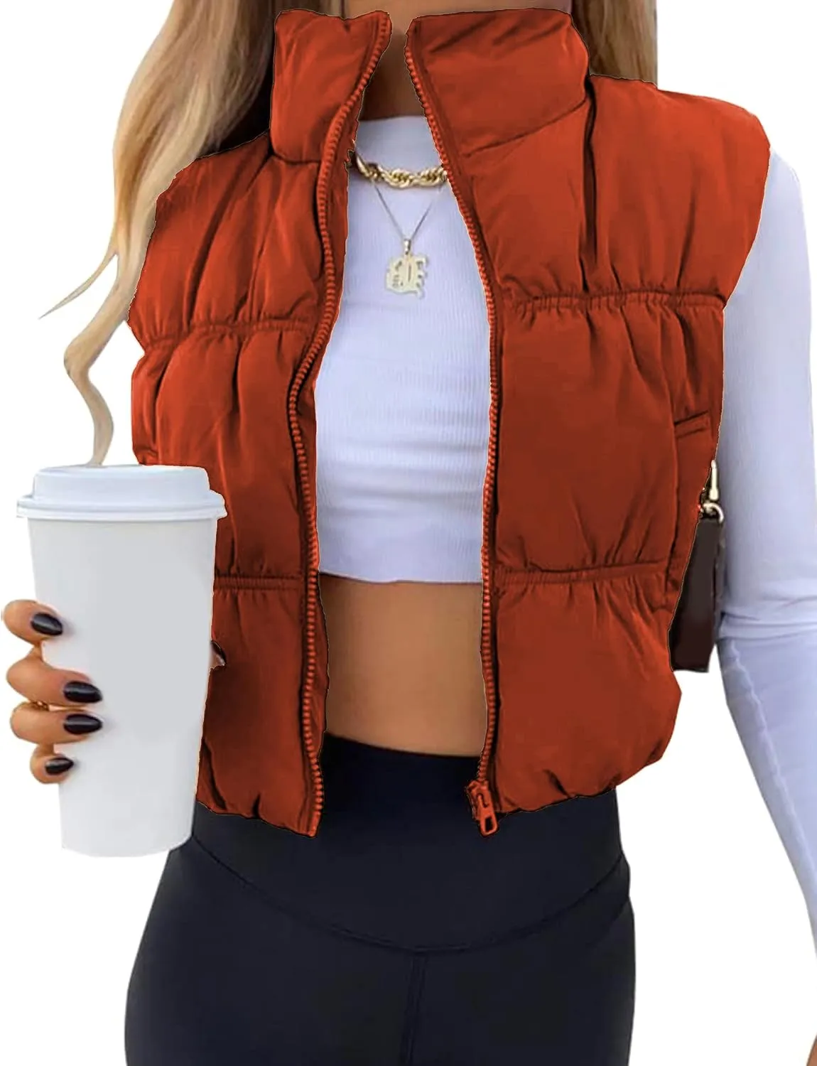 EsheSy Women's Cropped Puffer Vest Stand Collar Full Zip Sleeveless Warm Padded Jacket