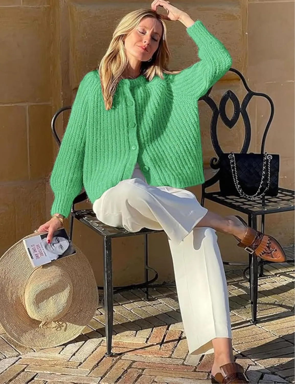 Esmeling Womens Long Sleeve Crewneck Sweater Cardigans Fall Casual Solid Chunky Knit Coat