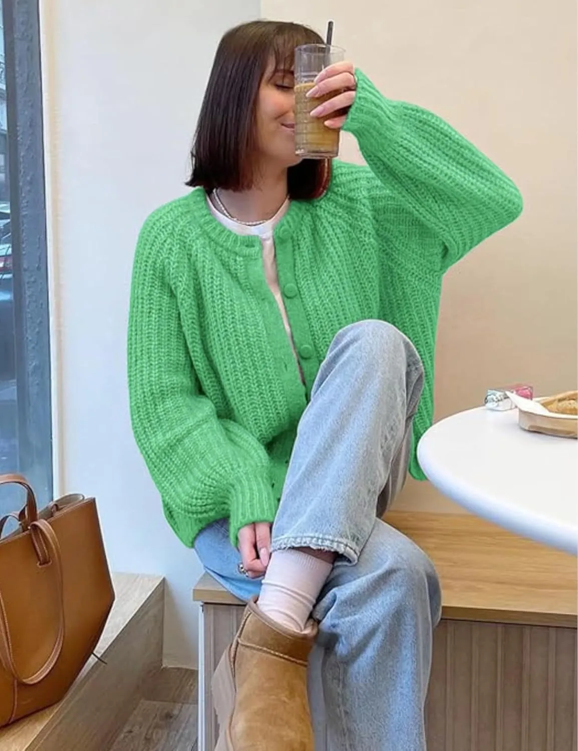 Esmeling Womens Long Sleeve Crewneck Sweater Cardigans Fall Casual Solid Chunky Knit Coat