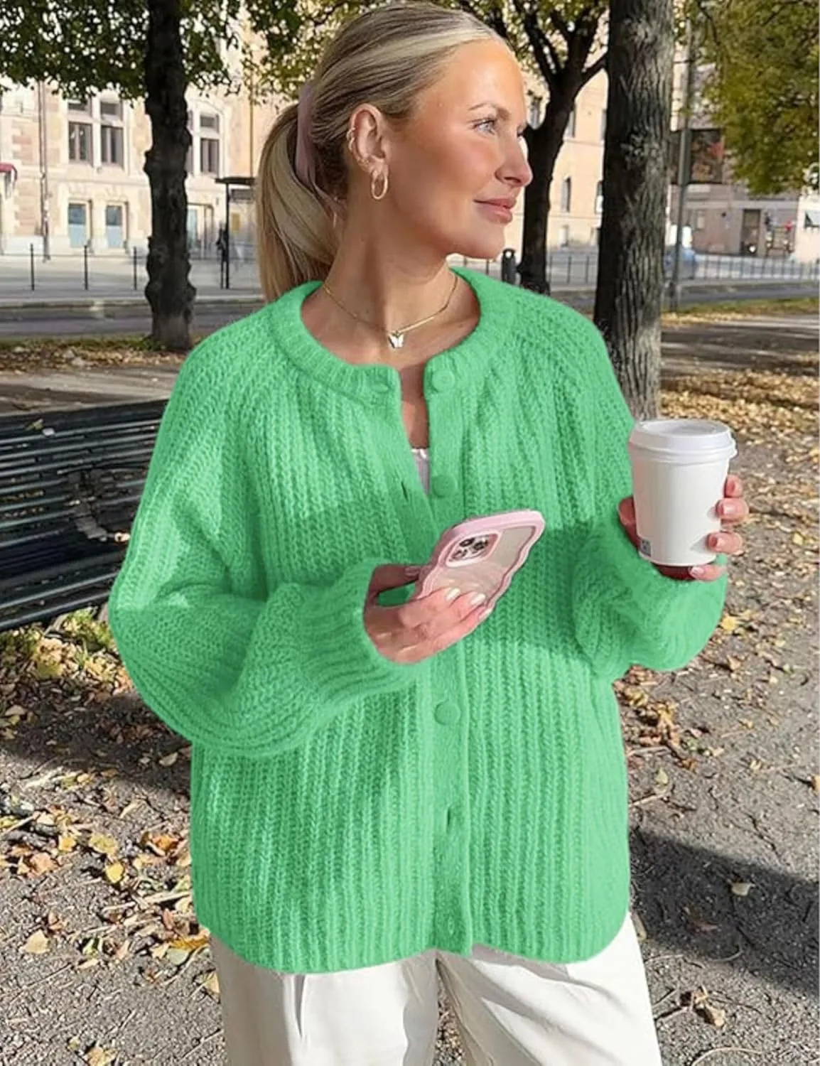 Esmeling Womens Long Sleeve Crewneck Sweater Cardigans Fall Casual Solid Chunky Knit Coat