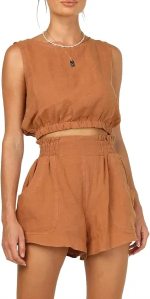 Eurivicy Women's 2pcs Summer Outfits Sleeveless Crop Tank Top and High Waist Pocketed Shorts Loose 2 Piece Short Sets