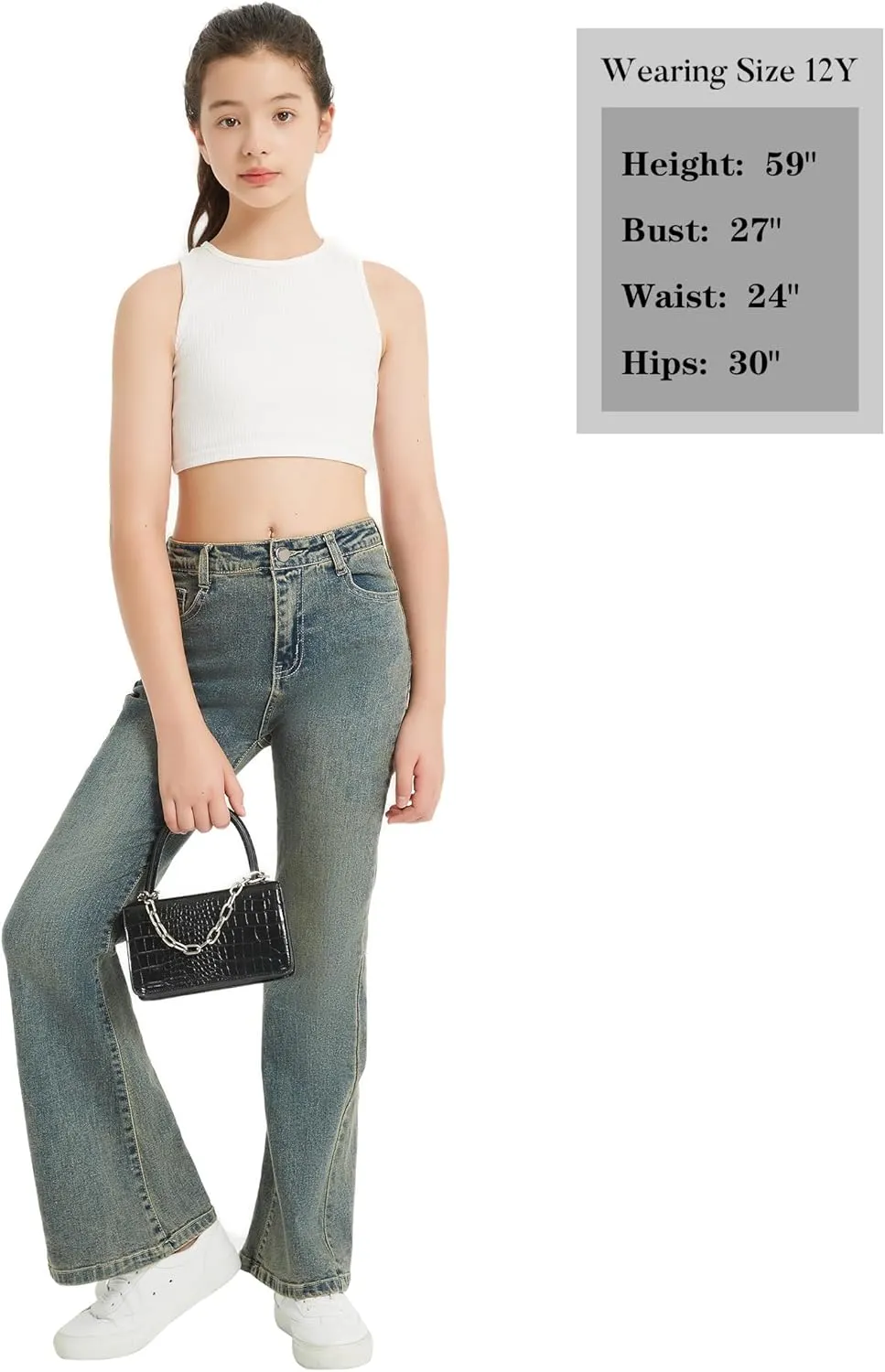 EXARUS Girls Flare Jeans Bell Bottom Full Length Denim Flared Pants Kids Mid Rise Elastic Band with Pockets