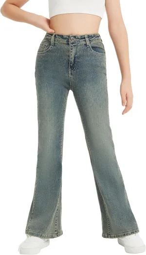 EXARUS Girls Flare Jeans Bell Bottom Full Length Denim Flared Pants Kids Mid Rise Elastic Band with Pockets