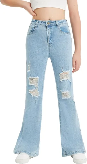 EXARUS Girls Flare Jeans Bell Bottom Full Length Denim Flared Pants Kids Mid Rise Elastic Band with Pockets