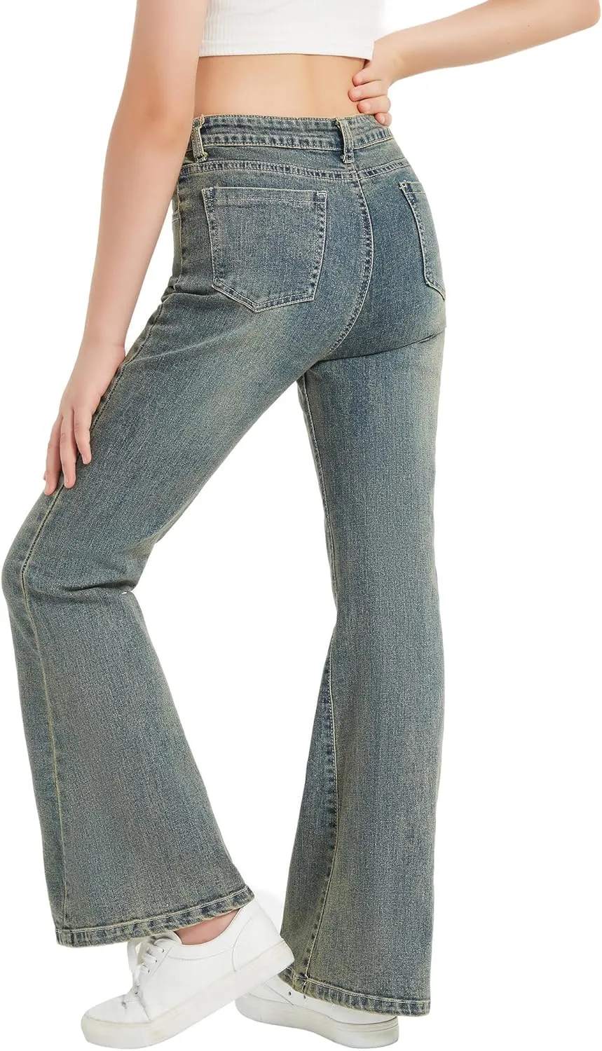 EXARUS Girls Flare Jeans Bell Bottom Full Length Denim Flared Pants Kids Mid Rise Elastic Band with Pockets