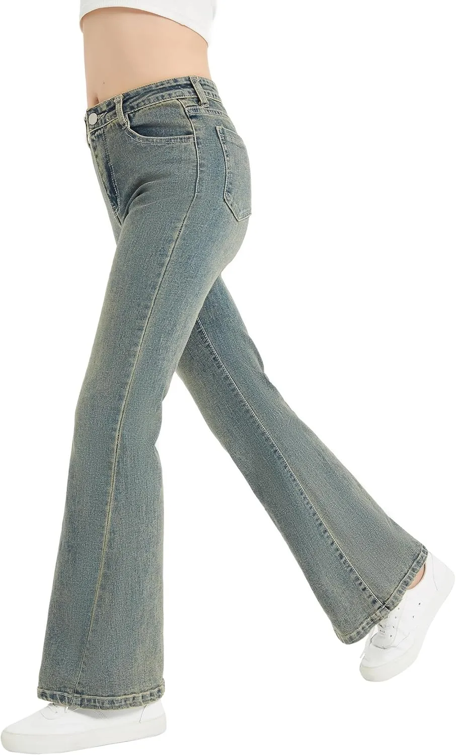 EXARUS Girls Flare Jeans Bell Bottom Full Length Denim Flared Pants Kids Mid Rise Elastic Band with Pockets