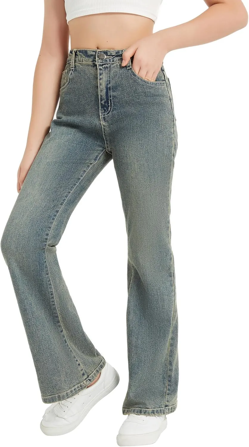 EXARUS Girls Flare Jeans Bell Bottom Full Length Denim Flared Pants Kids Mid Rise Elastic Band with Pockets