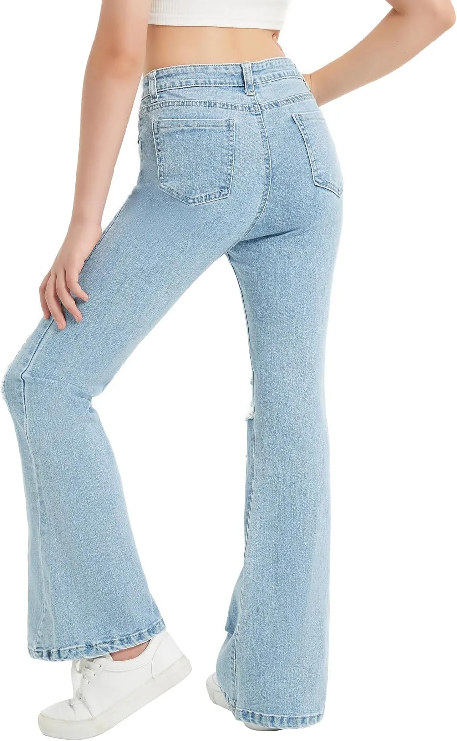 EXARUS Girls Flare Jeans Bell Bottom Full Length Denim Flared Pants Kids Mid Rise Elastic Band with Pockets