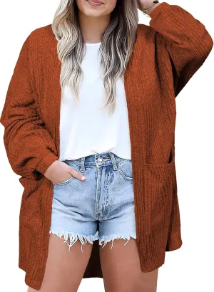 Eytino Womens Plus Size Cardigan Long Sleeve Open Front Casual Knit Sweaters with Pockets Loose Outwear(1X-5X)