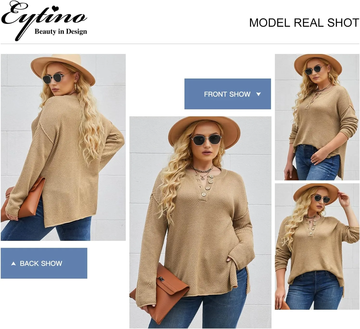 Eytino Womens Plus Size Sweaters Casual Long Sleeve Loose V Neck Button Henley Tops Pullover Knit Jumpers,(1X-5X)