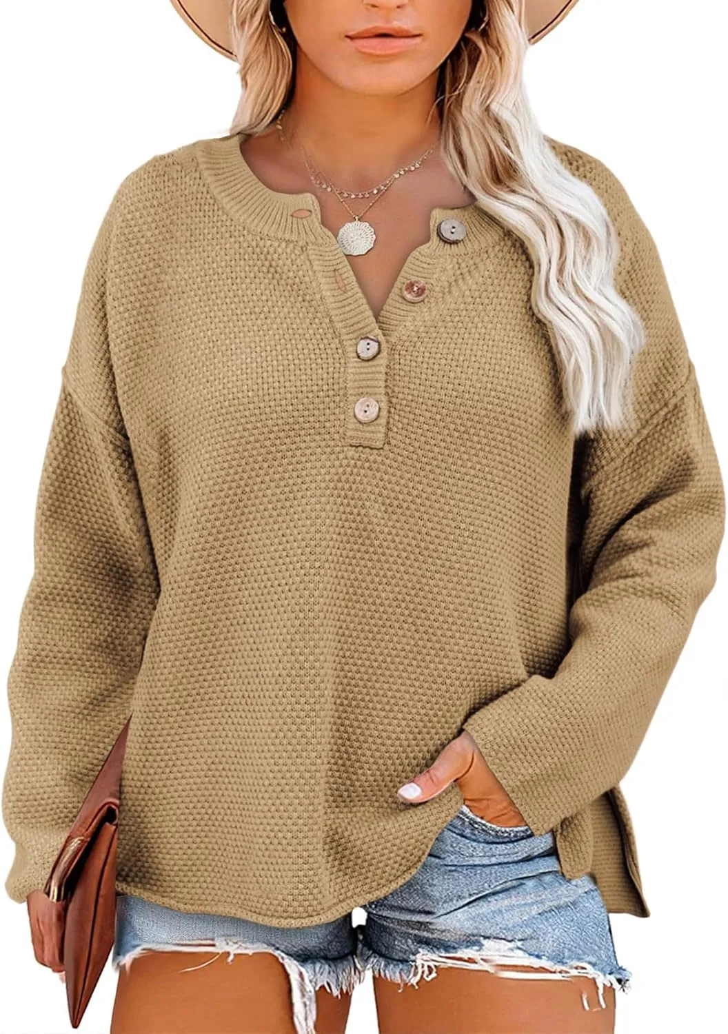 Eytino Womens Plus Size Sweaters Casual Long Sleeve Loose V Neck Button Henley Tops Pullover Knit Jumpers,(1X-5X)