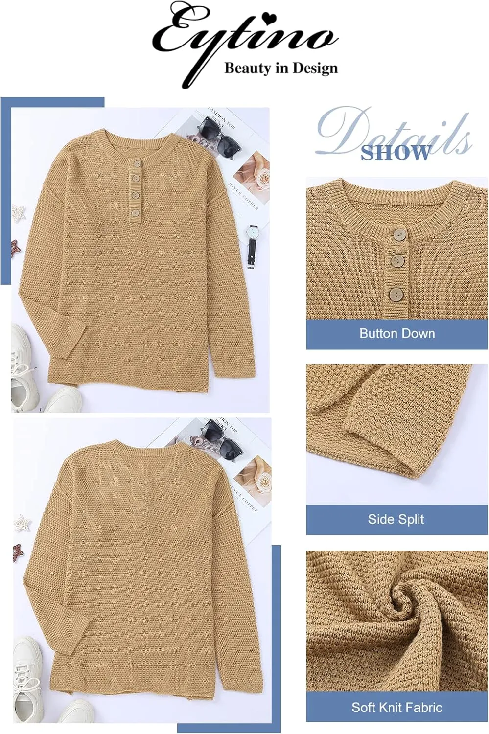 Eytino Womens Plus Size Sweaters Casual Long Sleeve Loose V Neck Button Henley Tops Pullover Knit Jumpers,(1X-5X)