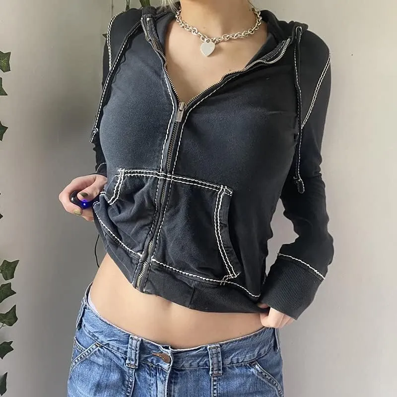 Faretumiya Women Zip Up Long Sleeve Crop Hooded Tops Ribbed Knit Cropped Hoodie Jacket Y2k Cute Sweater Pullover