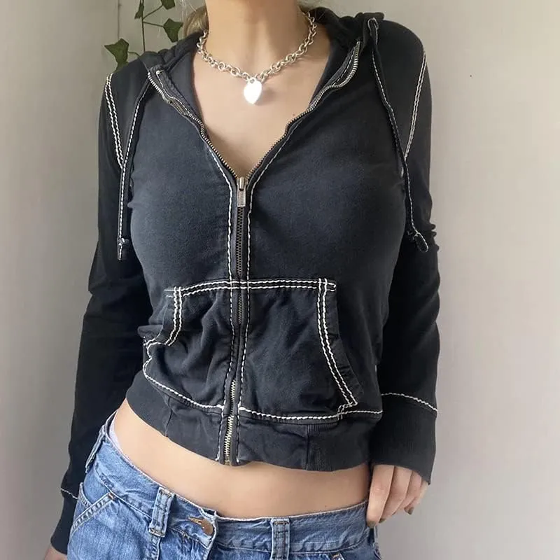 Faretumiya Women Zip Up Long Sleeve Crop Hooded Tops Ribbed Knit Cropped Hoodie Jacket Y2k Cute Sweater Pullover