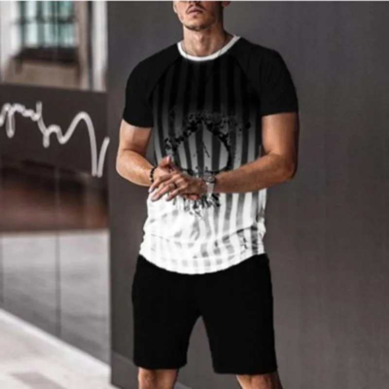 Fashion Black Gradient Striped Short Sleeve Shorts Men Suit