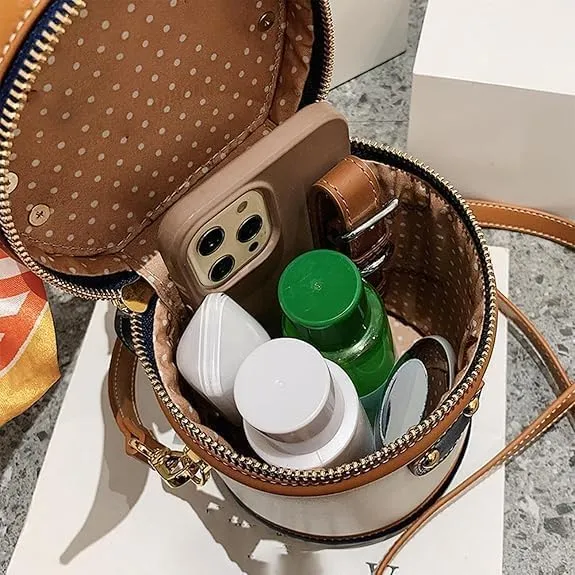 Fashion Colorblock Bucket Bag Casual for Women,2025 New Leather Fashion Versatile Colorblock Niche Design Cylinder Bag