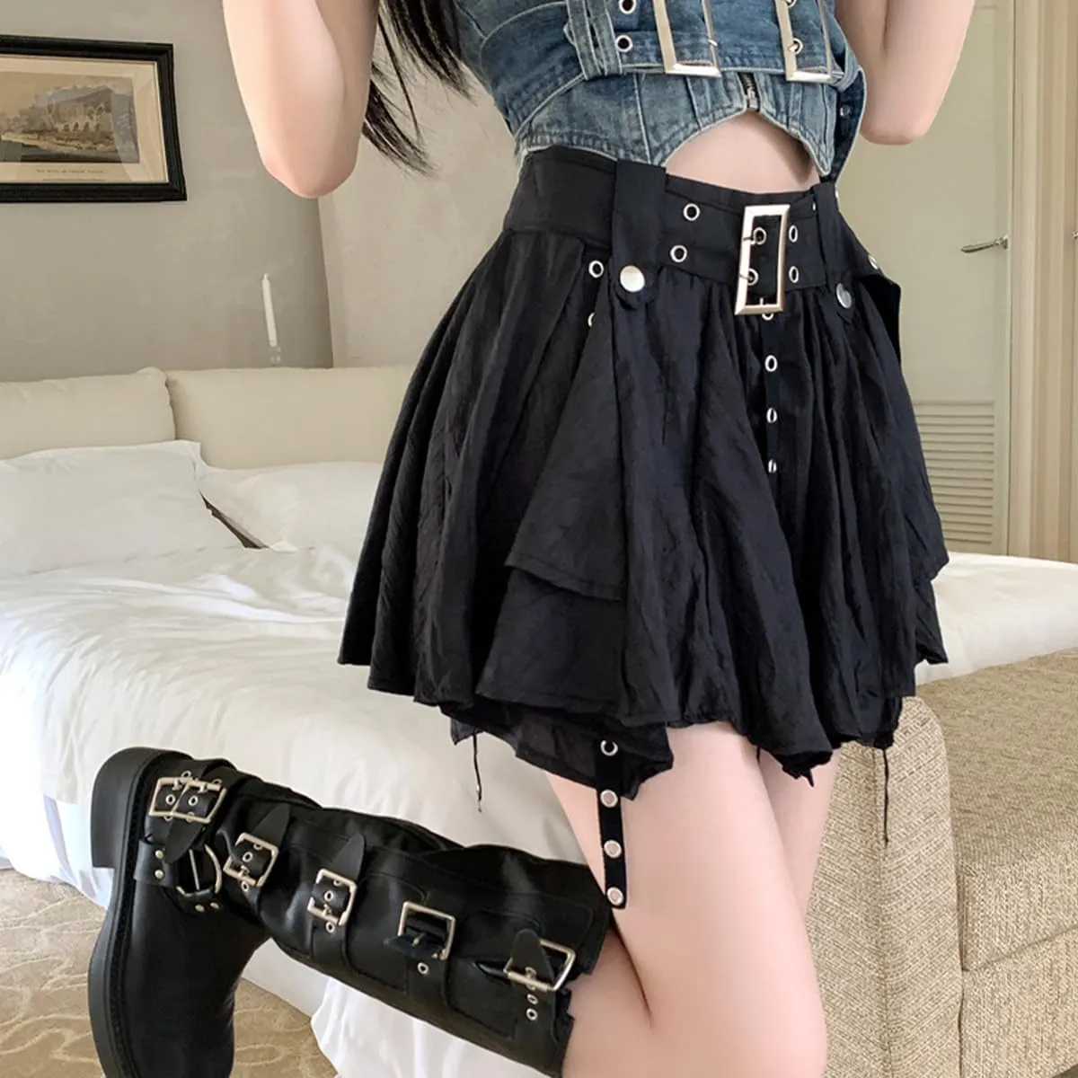 Fashion Women's Casual High Waist A-line Mini Skirt Y2K Harajuku Halter Decoration Irregular Pleated Skirt