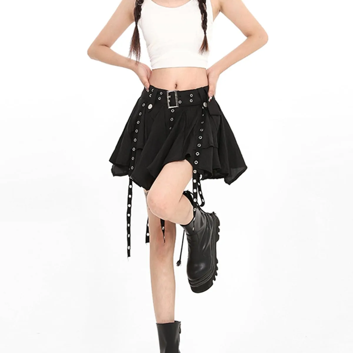 Fashion Women's Casual High Waist A-line Mini Skirt Y2K Harajuku Halter Decoration Irregular Pleated Skirt