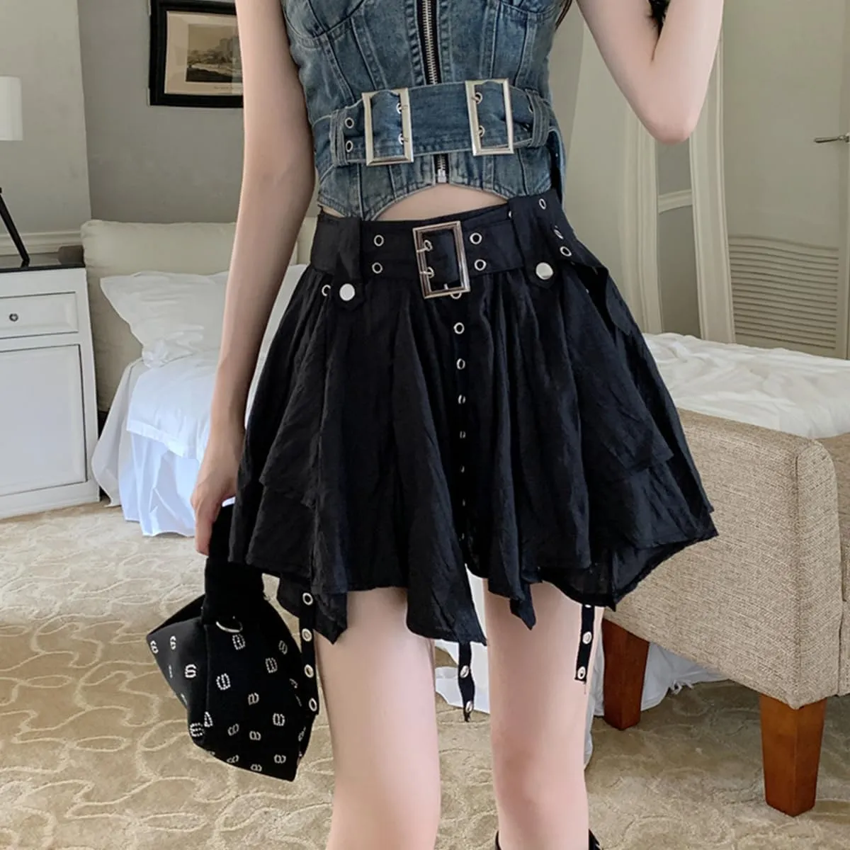 Fashion Women's Casual High Waist A-line Mini Skirt Y2K Harajuku Halter Decoration Irregular Pleated Skirt