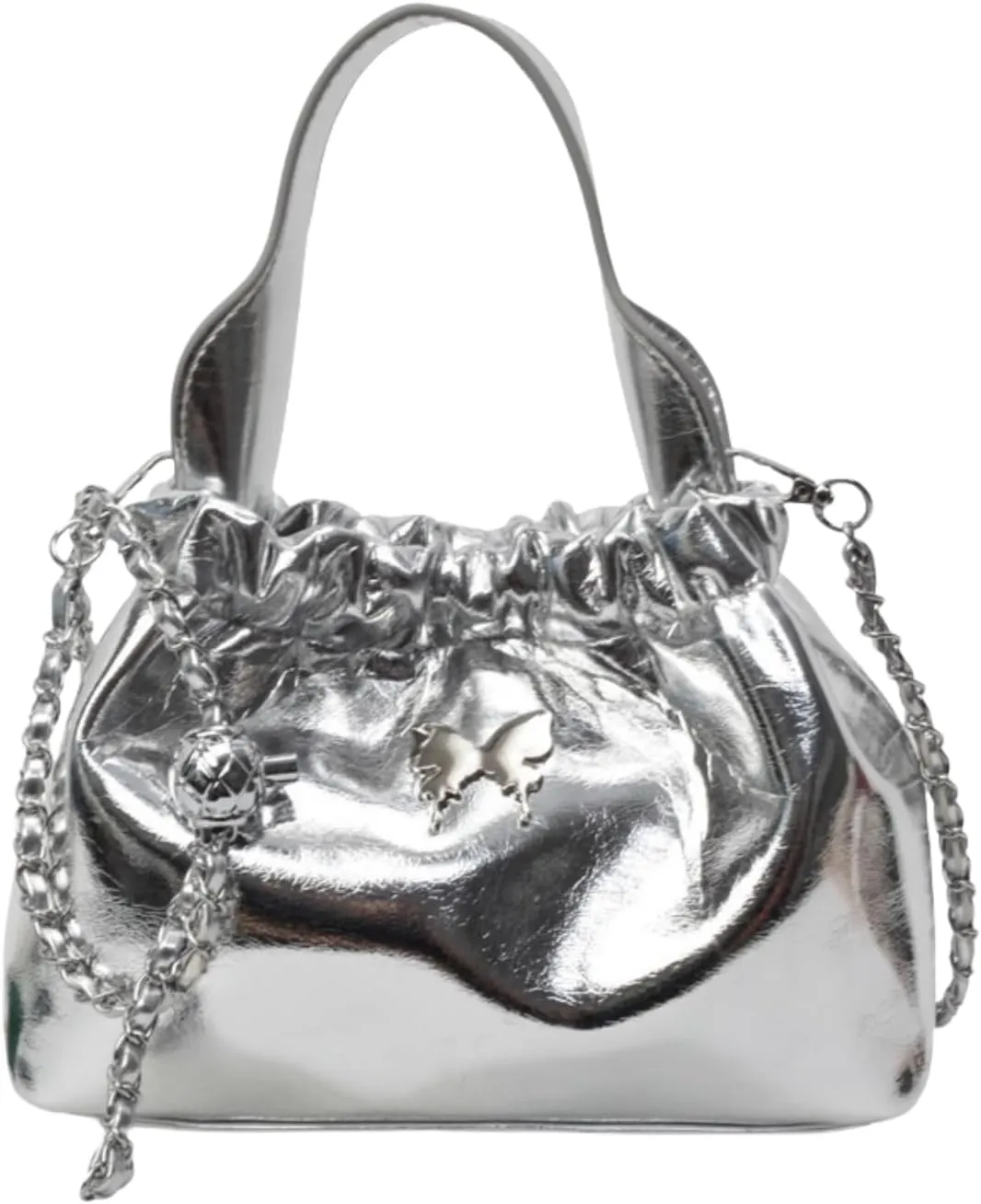 Fashionable Chain Drawstring Crossbody Bucket Bag, PU Material,7.9x3.5x5.5 Inches, Versatile for Work Beach Travel