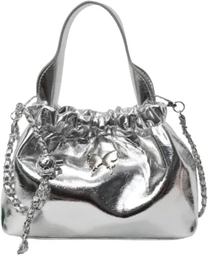 Fashionable Chain Drawstring Crossbody Bucket Bag, PU Material,7.9x3.5x5.5 Inches, Versatile for Work Beach Travel