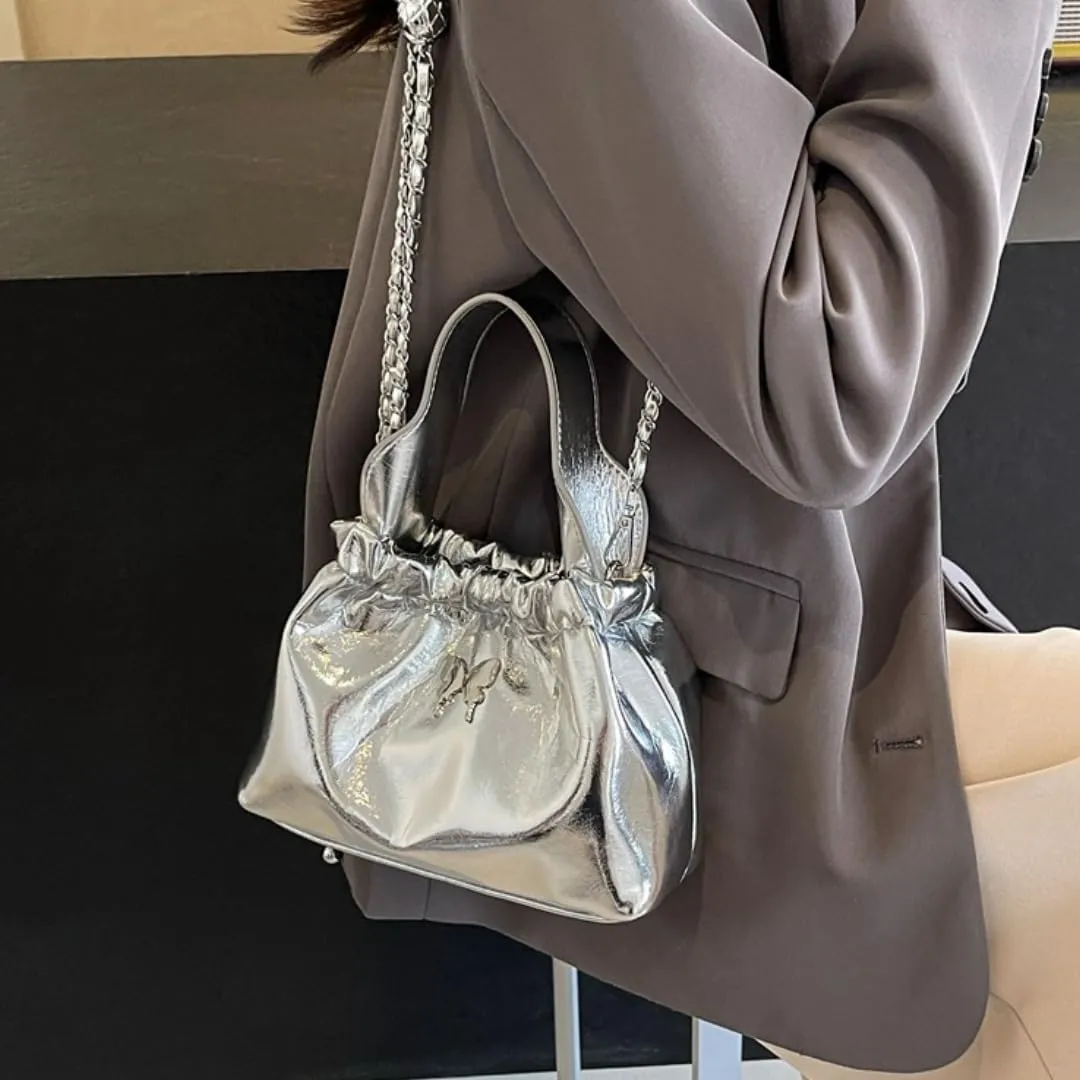 Fashionable Chain Drawstring Crossbody Bucket Bag, PU Material,7.9x3.5x5.5 Inches, Versatile for Work Beach Travel
