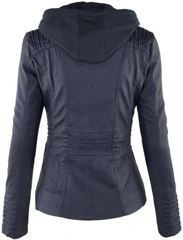 Faux Leather Jacket for Women Casual Moto Biker Jacket Quilted Full-Zip Coat