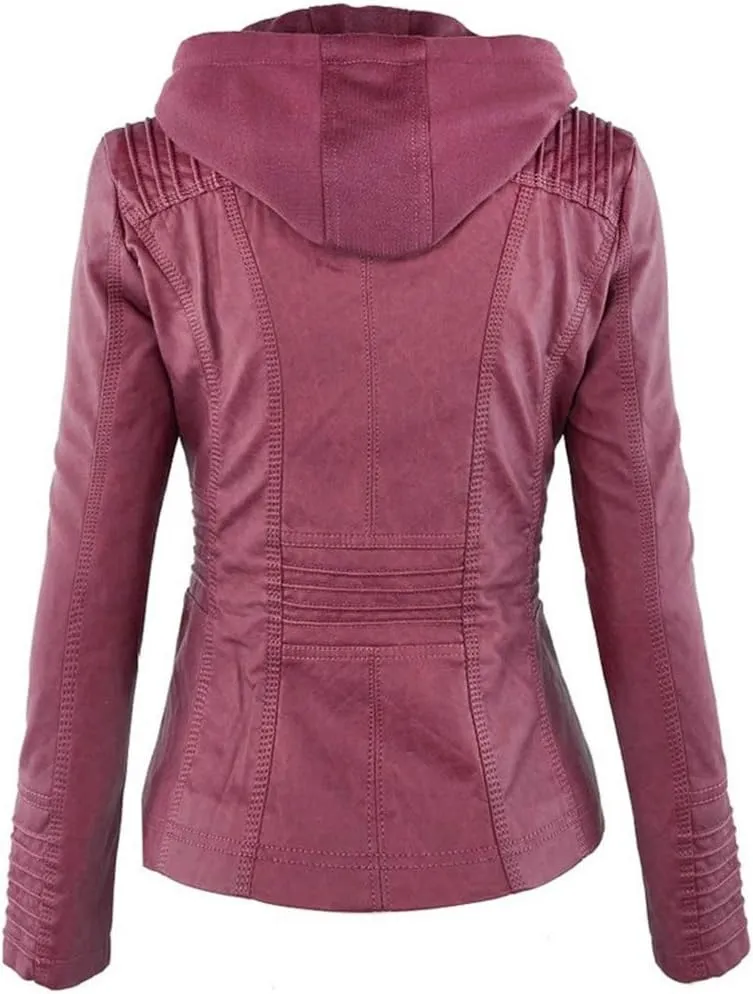 Faux Leather Jacket for Women Casual Moto Biker Jacket Quilted Full-Zip Coat