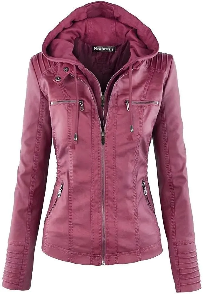 Faux Leather Jacket for Women Casual Moto Biker Jacket Quilted Full-Zip Coat