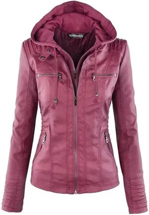 Faux Leather Jacket for Women Casual Moto Biker Jacket Quilted Full-Zip Coat
