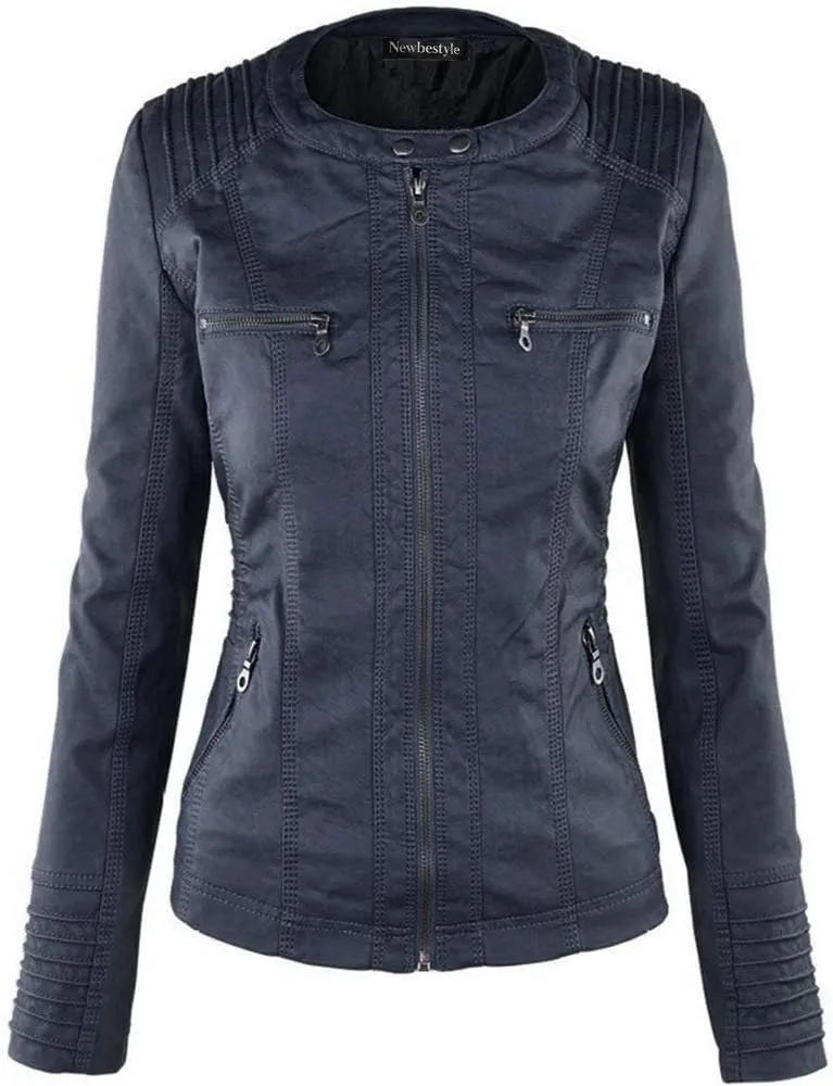 Faux Leather Jacket for Women Casual Moto Biker Jacket Quilted Full-Zip Coat
