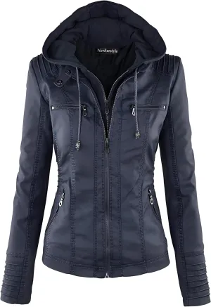Faux Leather Jacket for Women Casual Moto Biker Jacket Quilted Full-Zip Coat