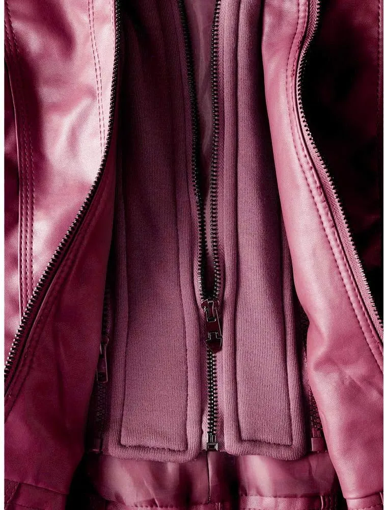 Faux Leather Jacket for Women Casual Moto Biker Jacket Quilted Full-Zip Coat