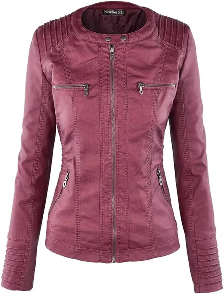 Faux Leather Jacket for Women Casual Moto Biker Jacket Quilted Full-Zip Coat