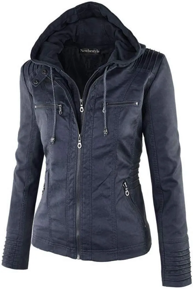 Faux Leather Jacket for Women Casual Moto Biker Jacket Quilted Full-Zip Coat