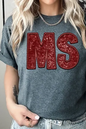 Faux Sequin Maroon MS Transfer Short Sleeve Relaxed Fit T-Shirt