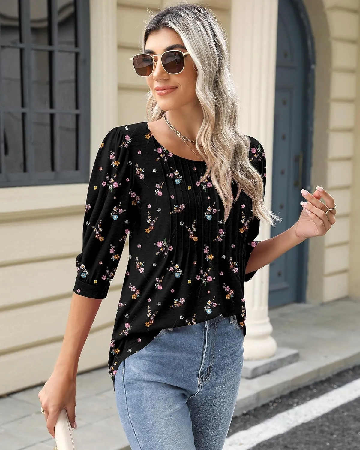 Ficerd Women's Puff 3/4 Sleeve Tops Trendy Crew Neck Tunic Top Pleated Casual Loose Dressy T Shirts Blouses