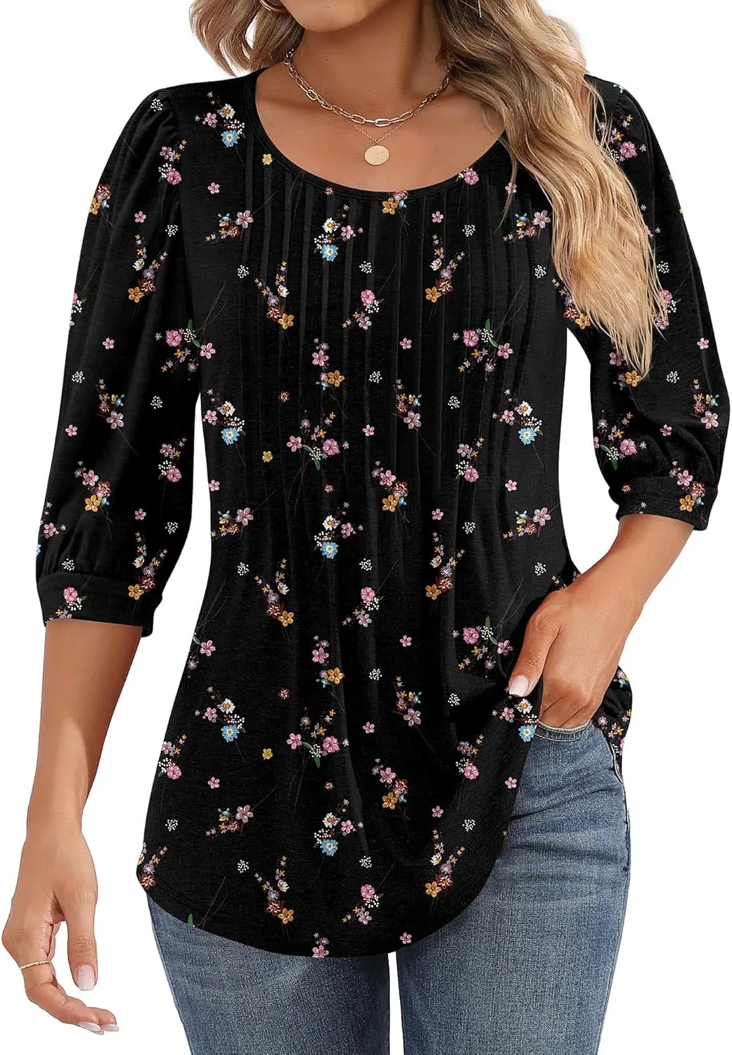 Ficerd Women's Puff 3/4 Sleeve Tops Trendy Crew Neck Tunic Top Pleated Casual Loose Dressy T Shirts Blouses