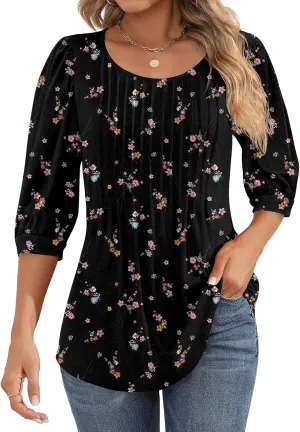 Ficerd Women's Puff 3/4 Sleeve Tops Trendy Crew Neck Tunic Top Pleated Casual Loose Dressy T Shirts Blouses