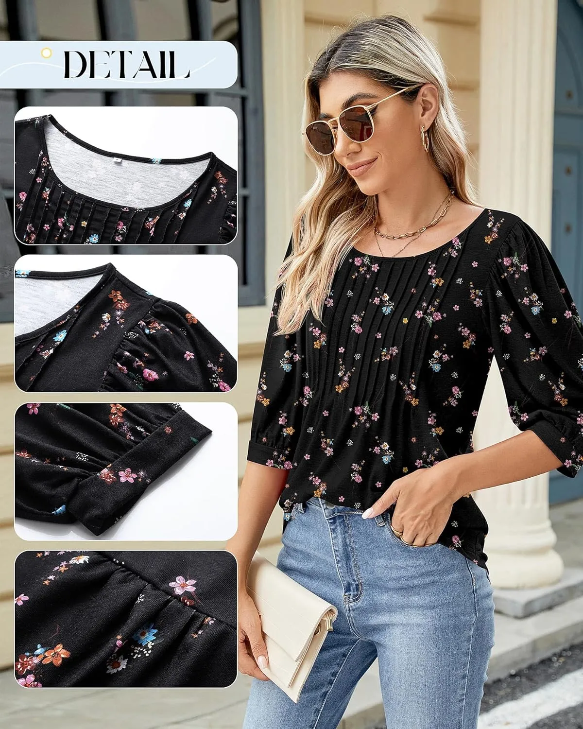 Ficerd Women's Puff 3/4 Sleeve Tops Trendy Crew Neck Tunic Top Pleated Casual Loose Dressy T Shirts Blouses
